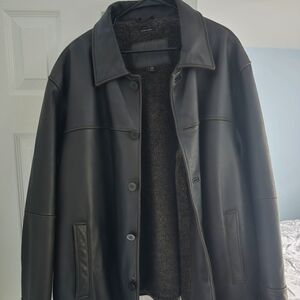 Claiborne Outerwear Mens Black Leather Long Sleeve Collared Button Coat Sz XXL